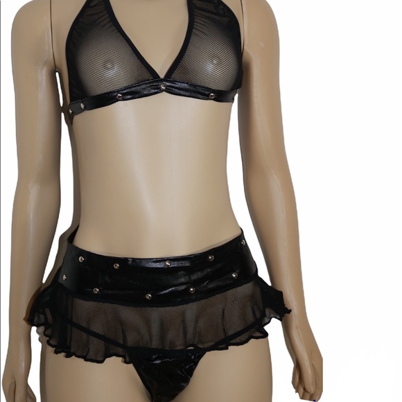 3 pc vegan leather/mesh Lingerie Set - Picture 4 of 6